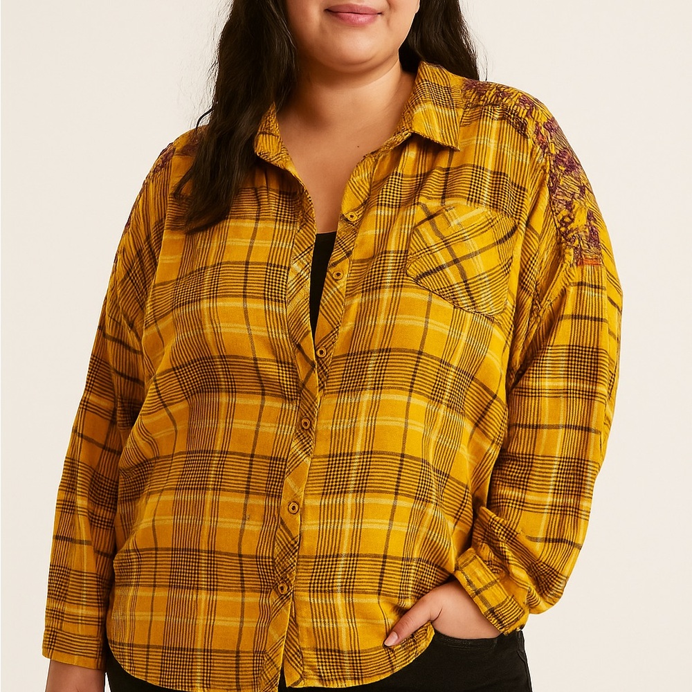 Terra & sky mustard yellow plaid shoulder embroidered button down 1X grunge